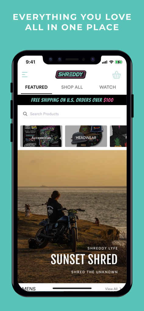 Shreddy - Shreddy mobile shopping app home screen featuring activewear collections and featured categories