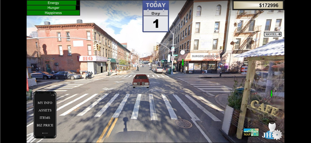 Life Changer (Mobile) - Life simulation gameplay showing a city street with character stats and financial balance