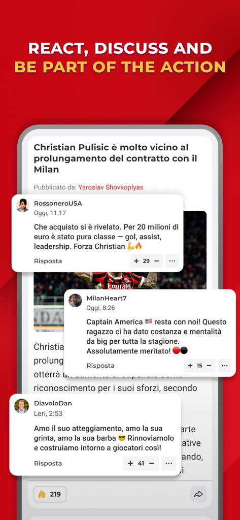 Fan community discussion about Christian Pulisic in the Rossoneri Live app