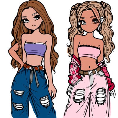 2 girls in crop tops and baggy jeans ripped
