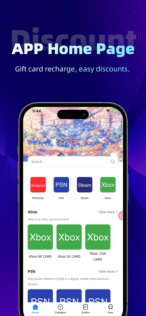 TOPUP Live - TOPUP Live app interface showing gift card recharge options for Xbox PSN Steam and Nintendo