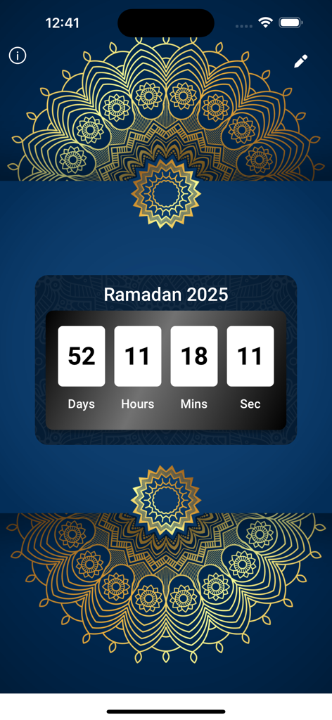 Ramadan countdown timer interface with blue background and gold mandala patterns