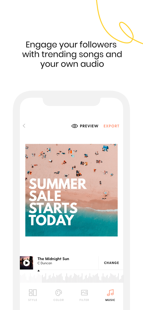 Oberfläche der Story Swag App zum Hinzufügen von angesagten Songs und benutzerdefinierten Audios zu Social-Media-Posts.