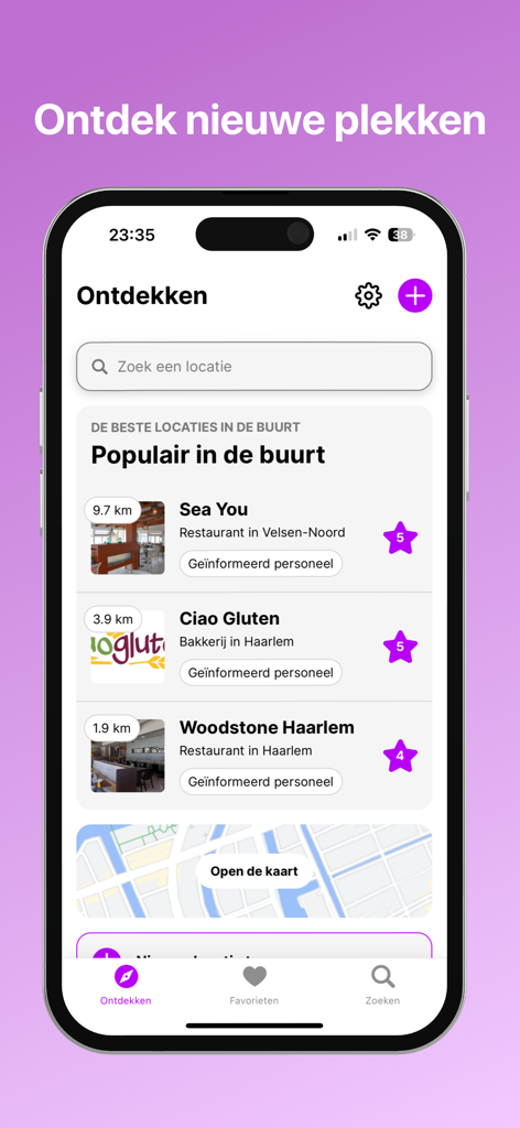 Glutenvrije Horeca - Interface of a gluten-free dining app showing a list of nearby restaurants with ratings and distances