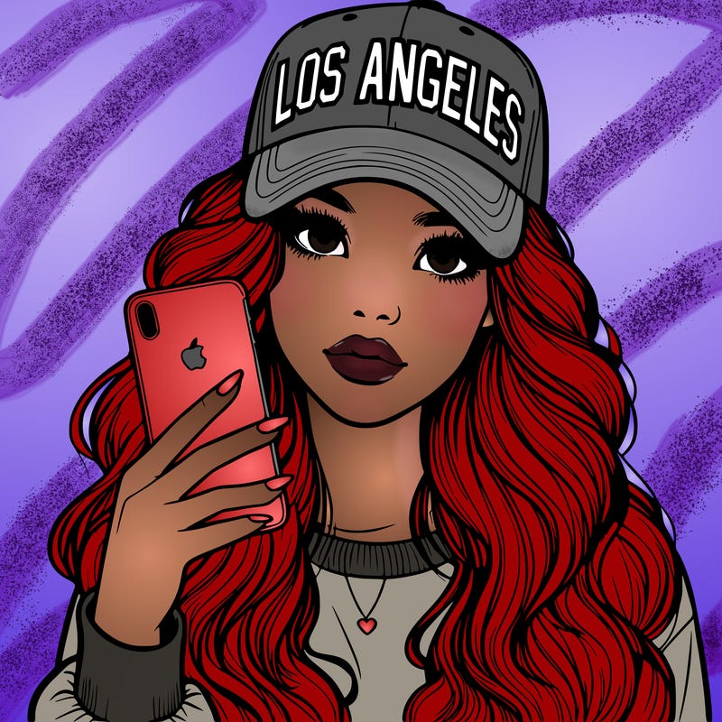 realistic beautiful girl wearing los ángeles cap holding an iphone