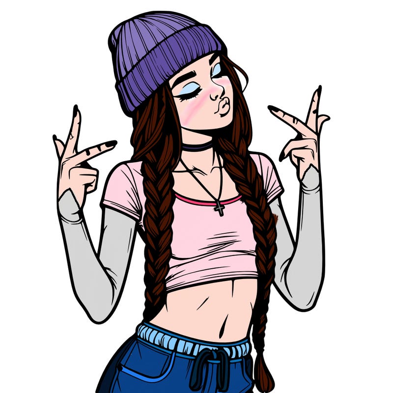 realistic teenage girl with braids and a beanie and crop top doing 🫶🏼