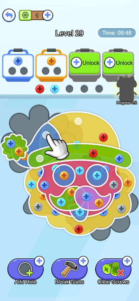 Gameplay screenshot of Screw Pin Jam Puzzle featuring a clown face design and color sorting mechanics.