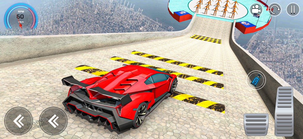 Mega Crashes - Car Crash Games - A red sports car driving down a high altitude mega ramp towards crash dummies in the Mega Crashes game.