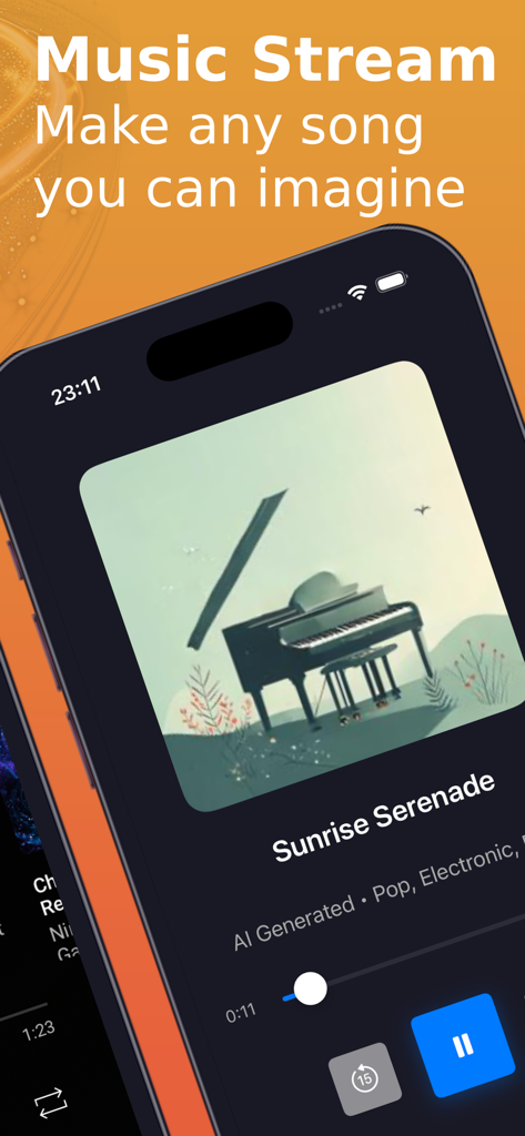 Mixtube - Full Music Player - Mixtube app interface showing an AI generated song called Sunrise Serenade playing on a mobile music player.