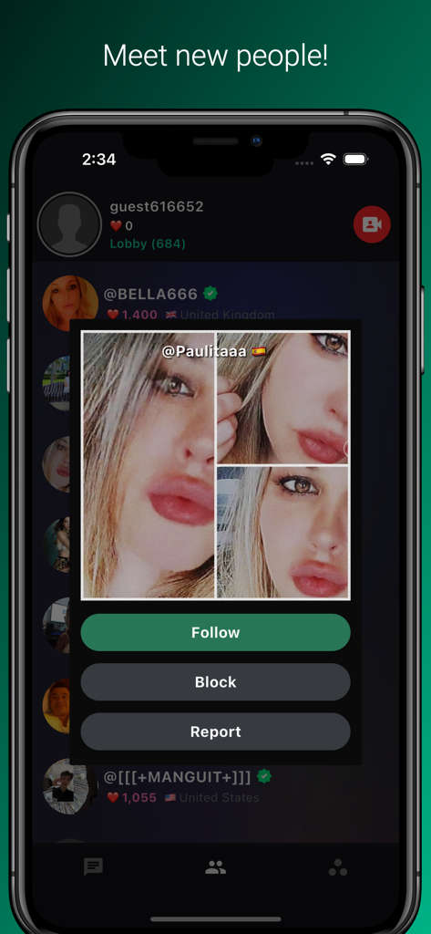 Screenshot dell'app ChatVideo Live che mostra un popup del profilo utente con opzioni per seguire e bloccare.
