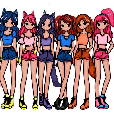 a group of girls wearing crop tops and shorts