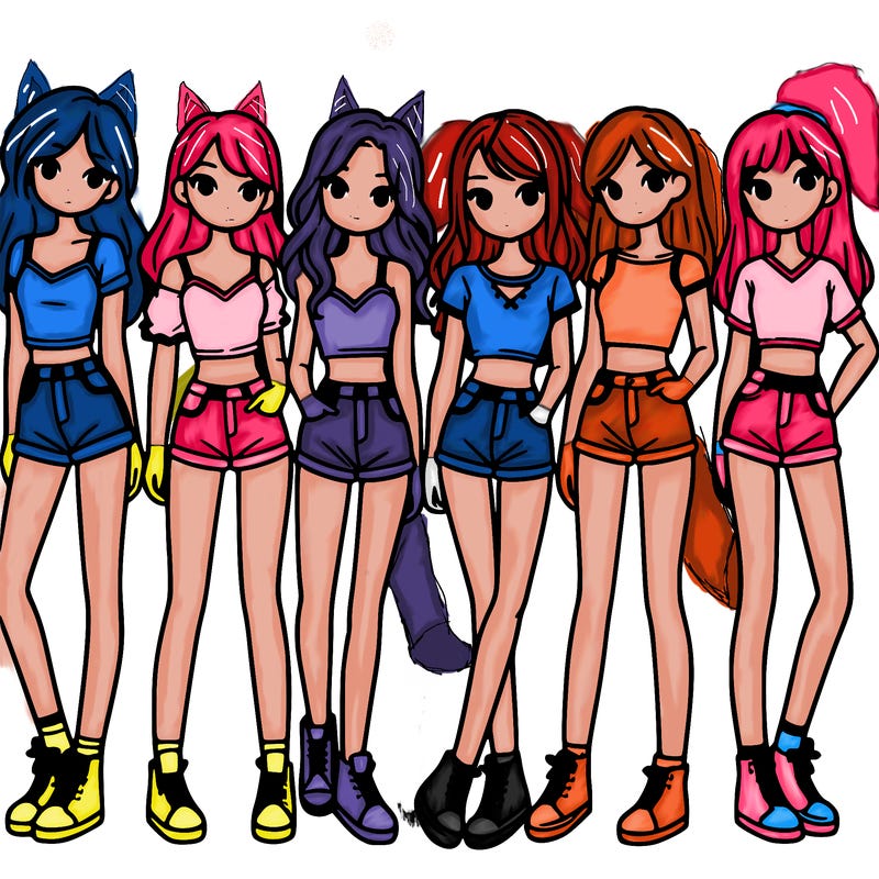 a group of girls wearing crop tops and shorts