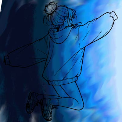 realistic girl jumping with a bun and oversized sweatshirt