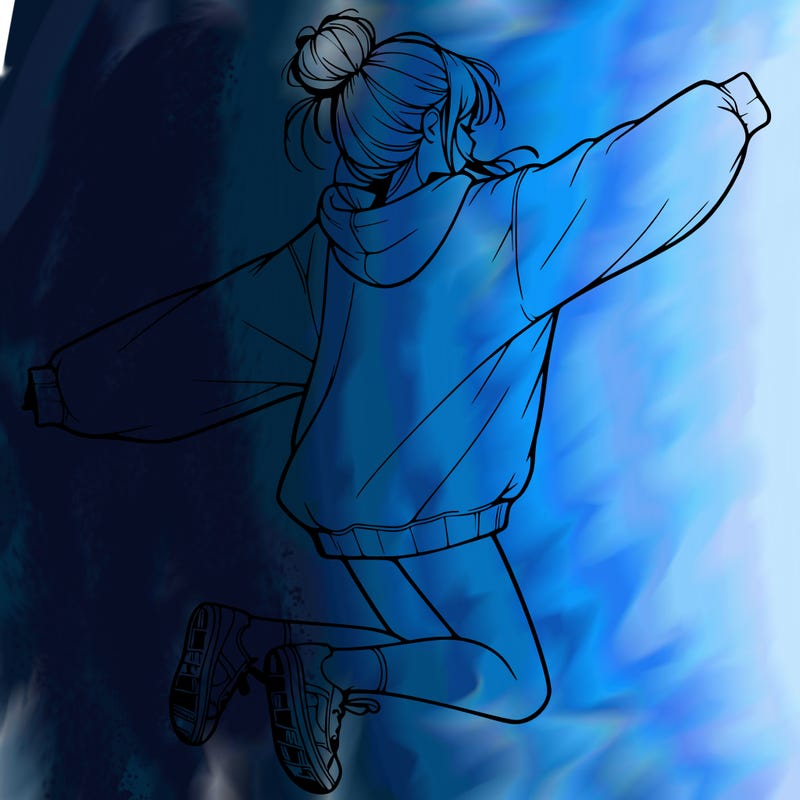 realistic girl jumping with a bun and oversized sweatshirt