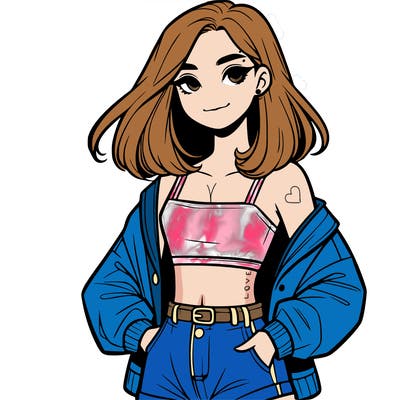a realistic girl with a crop top and short shorts in an open jacket