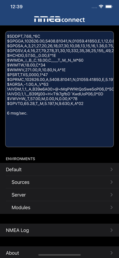 NMEAconnect - Interface de l'application NMEAconnect affichant un flux en direct des trames de données électroniques marines et des paramètres de navigation