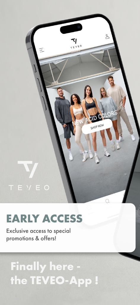 Smartphone displaying the TEVEO app home screen with models in athleisure wear and a banner for early access to promotions.