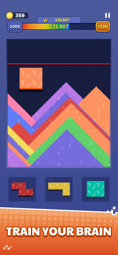 Sand Block Color Escape Puzzle - Camadas coloridas de areia em um jogo de quebra-cabeça lógico com o texto Treine Seu Cérebro.