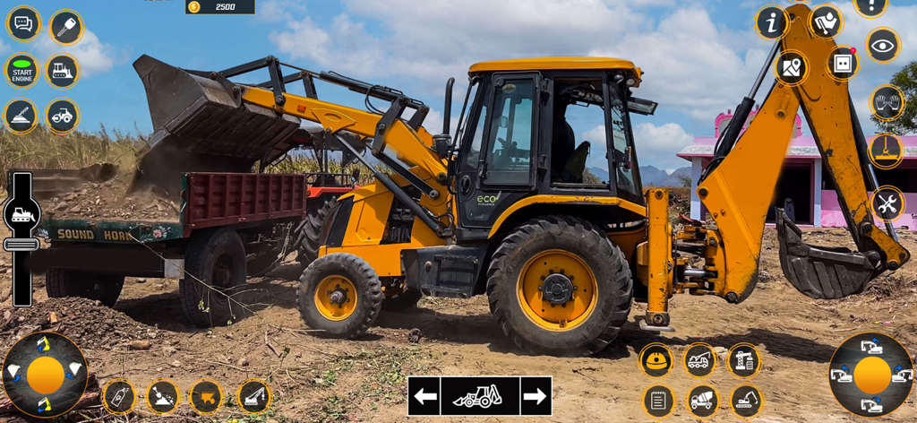 Una retroescavatore gialla che scarica materiale in un rimorchio di un camion in un gioco di simulazione di costruzione.