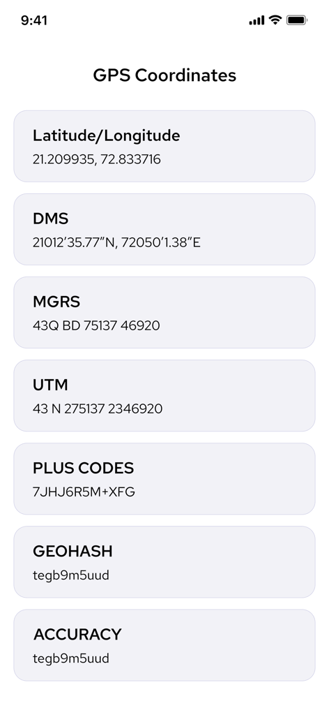 GPS Coordinator Area Measure - Interfaz de la aplicación Coordenadas GPS que enumera las coordenadas de ubicación en formatos DMS, MGRS y UTM