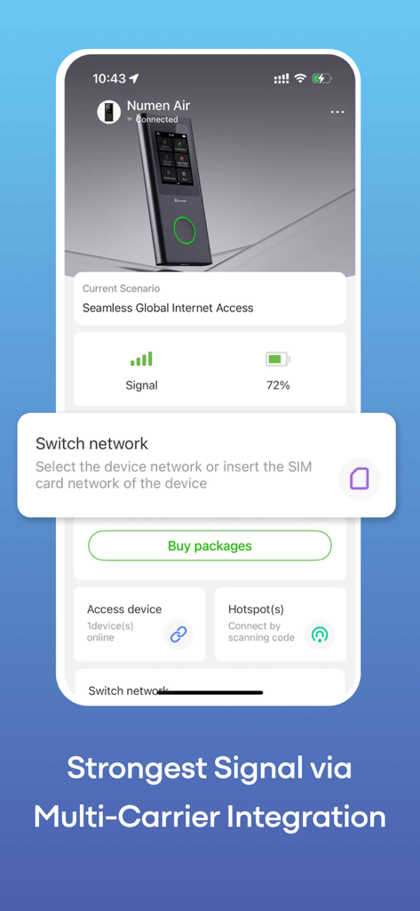 GlocalMe: Mobile Hotspot, eSIM - GlocalMe App-Dashboard zeigt den Verbindungsstatus des mobilen Hotspots und Optionen für Multi-Carrier-Netzwerke