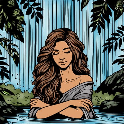 realistic female model under waterfall