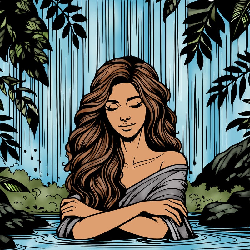 realistic female model under waterfall