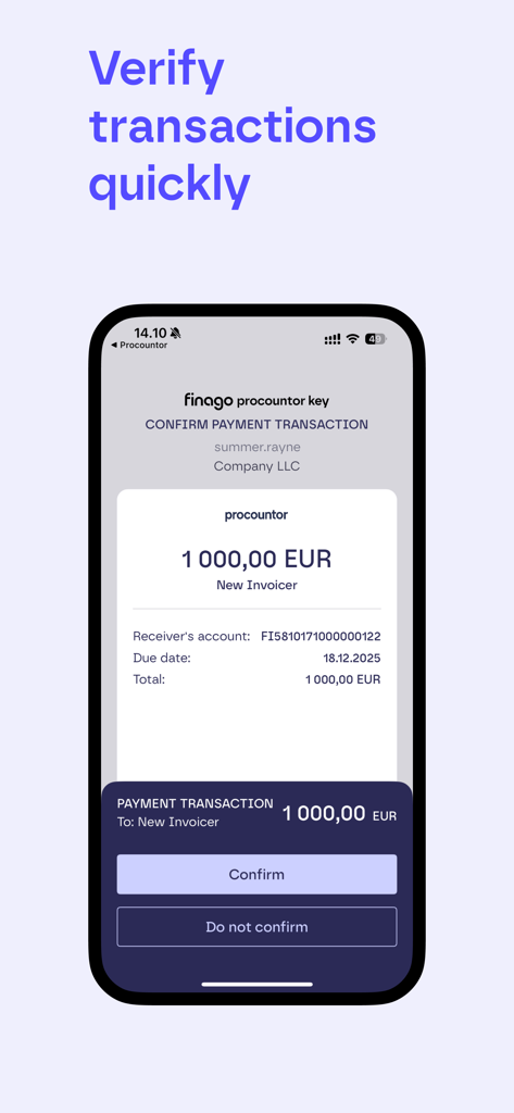 Procountor Key - A mobile screen from the Procountor Key app showing a payment transaction confirmation for 1000 Euros