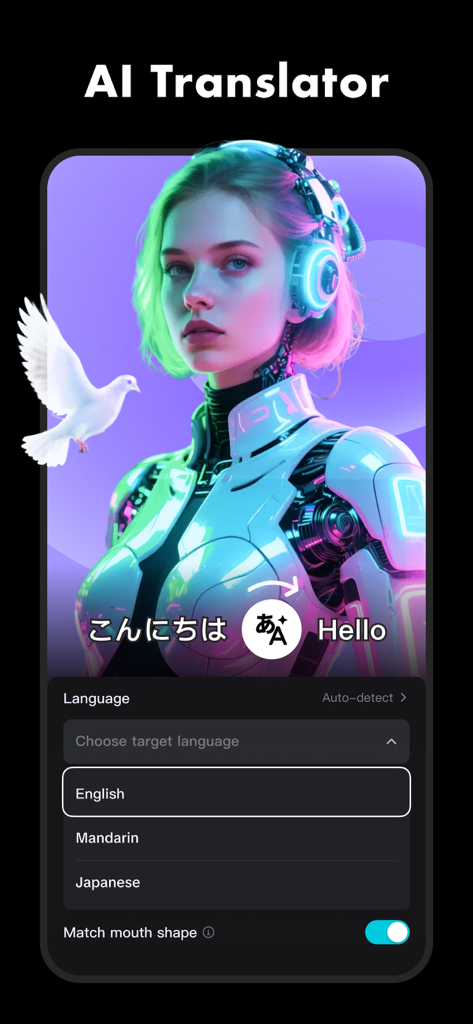 Oberfläche des CapCut KI-Übersetzers, die die Videobearbeitung von Japanisch nach Englisch zeigt, mit passender Mundform.