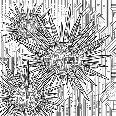 Explore a captivating fusion of marine biology and futuristic tech with this unique Diadema Urchins Cyberpunk coloring page. Dive into a world where spiky sea creatures are reimagined with intricate robotic details and glowing neon patterns, ready for your artistic touch.