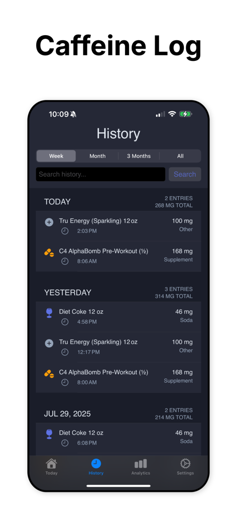 Caffeine Tracker App - Écran d'historique de l'application Caffeine Tracker affichant les journaux d'apport quotidien de caféine et les totaux en milligrammes pour diverses boissons.
