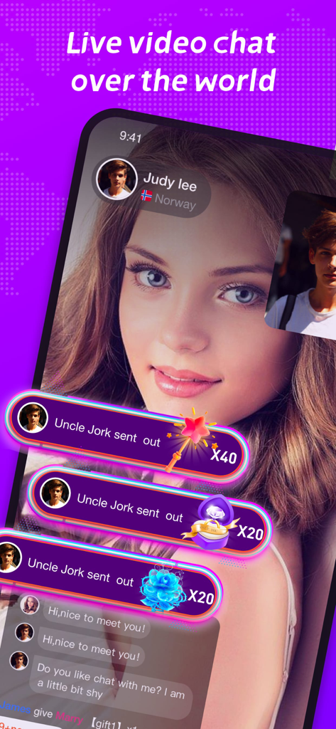 ChatU Live - Oberfläche der ChatU Live App, die einen Live-Video-Chat mit Geschenkbenachrichtigungen und Chat-Nachrichten zeigt