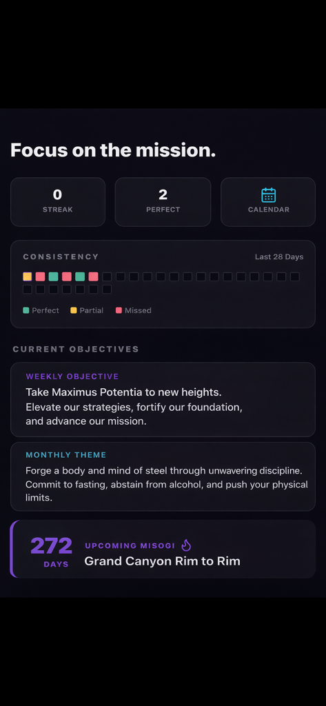 Maximus Potentia - Maximus Potentia app dashboard featuring mission focus, consistency tracking, and a Misogi challenge countdown.