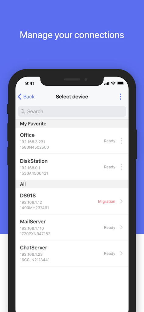 Interface of the DS finder app displaying a list of Synology NAS devices with connection status.