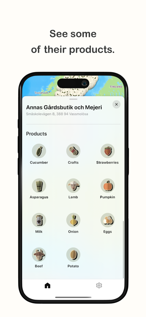 Mobile app screen showing a list of organic products from a Swedish farm shop including strawberries milk and crafts