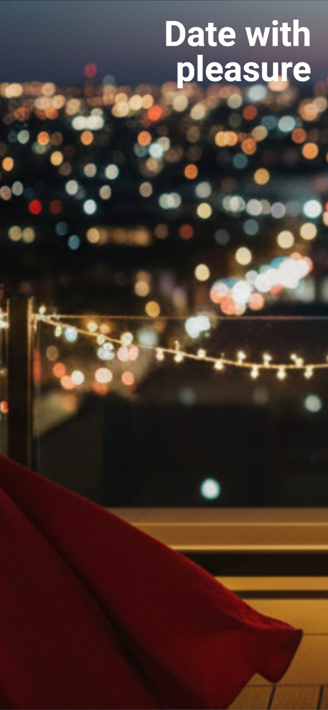A romantic blurred night city view with fairy lights and the text Date with pleasure