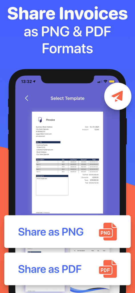 PDF 및 PNG 형식으로 송장을 공유하는 옵션을 보여주는 모바일 화면입니다.