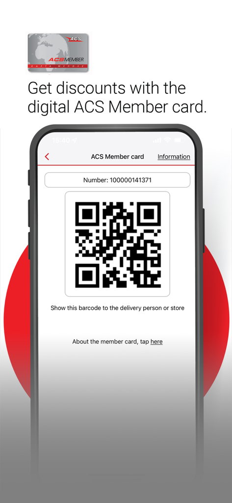 Screenshot of the ACS Mobile App showing the digital member card with a QR code for shipping discounts