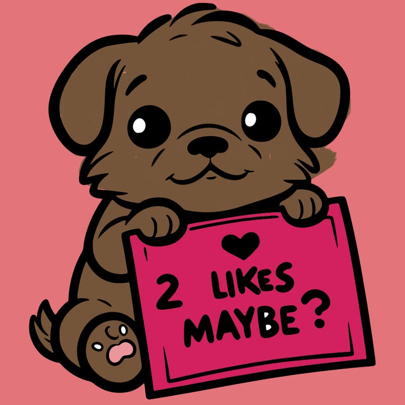 a puppy holding a sign that says 2 likes maybe?