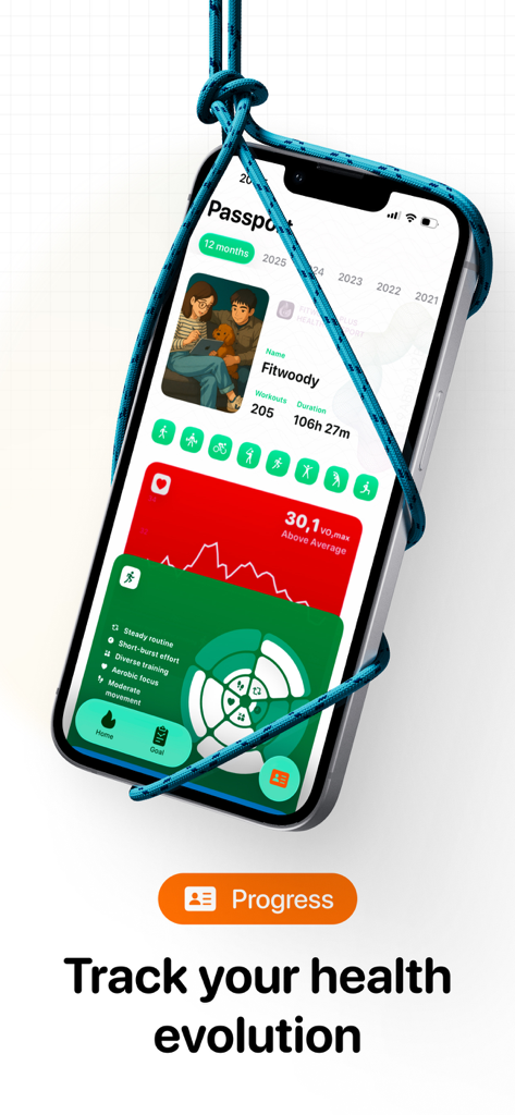 FitWoody: Health Tracker - Tela do iPhone mostrando o passaporte de saúde do aplicativo FitWoody com estatísticas de treino de longo prazo, dados de VO2 máximo e análise de treinamento