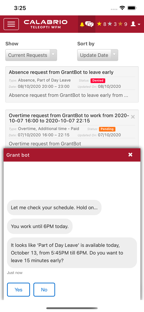 Mobile view of Calabrio WFM MyTime app showing schedule requests and an automated chat bot offering an early leave option.