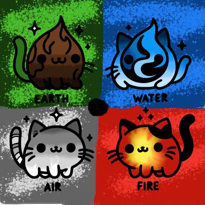 4 cats that represent the different elements, earth, water, air, and fire