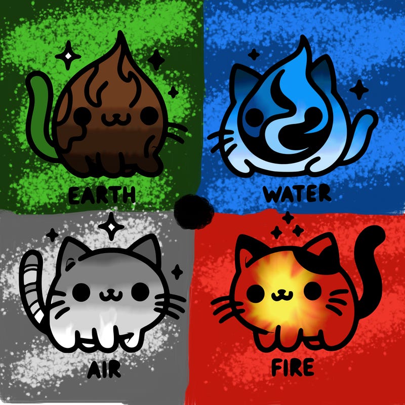 4 cats that represent the different elements, earth, water, air, and fire