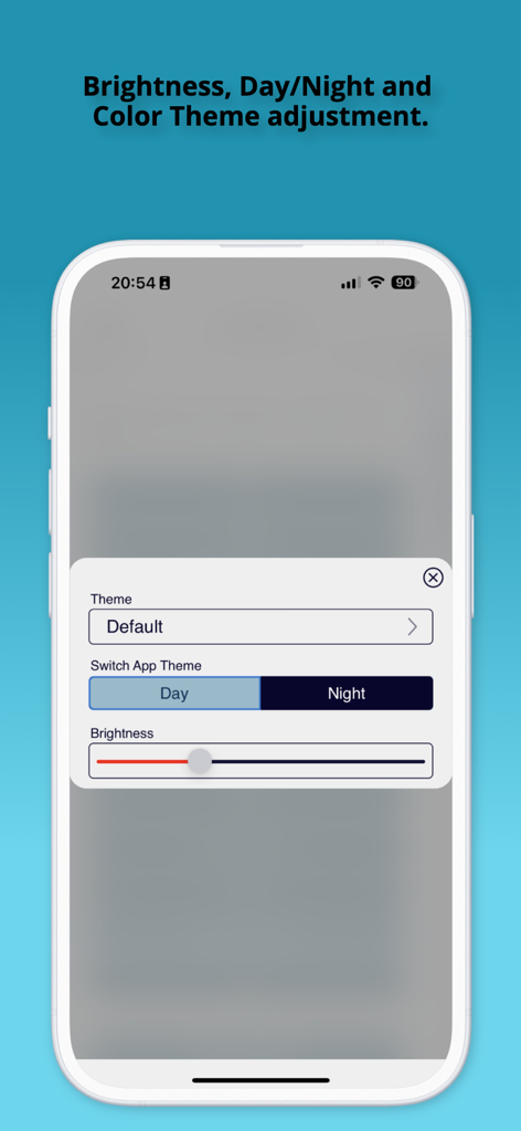 Pantalla de configuración de ajuste de tema y brillo en la aplicación Bombardier Flight Deck 3 que muestra las opciones de modo diurno y nocturno.