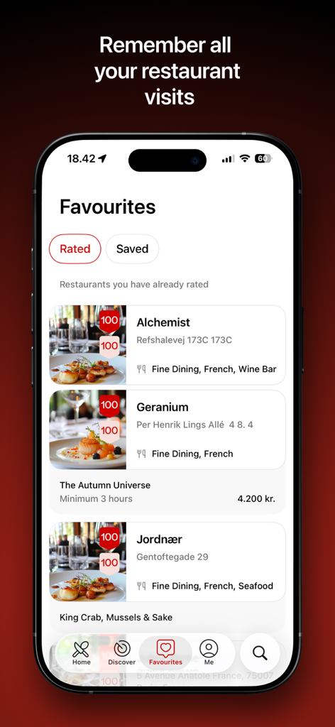 Mobile App-Oberfläche, die eine Liste von bevorzugten und bewerteten Restaurants anzeigt, darunter Alchemist und Geranium