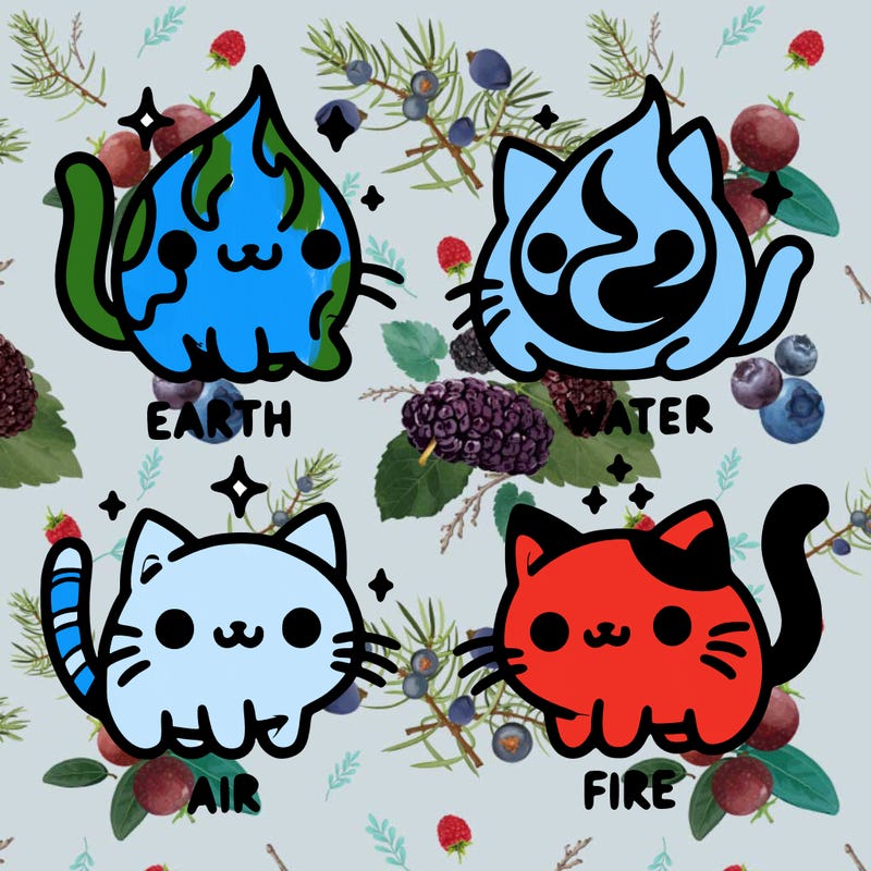 4 cats that represent the different elements, earth, water, air, and fire