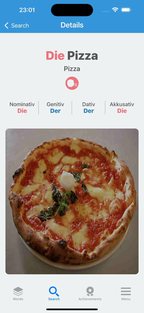 La aplicación de idioma alemán muestra el artículo y los casos de la palabra Pizza con una ayuda visual