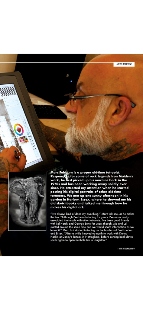 Professional tattoo artist working on digital art for Total Tattoo Magazine interview.