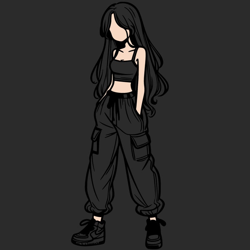 girl in baggy pants crop top and long hair