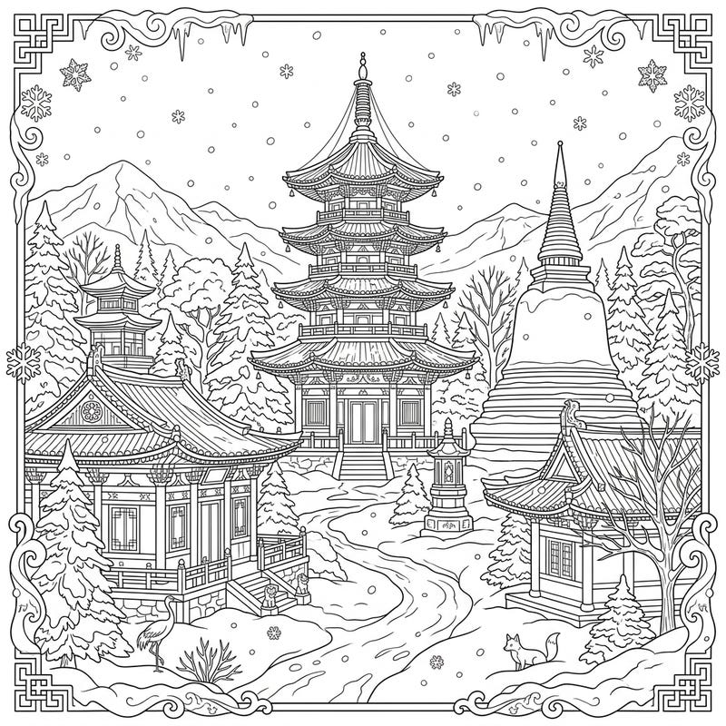 Discover the serene beauty of a Buddhist temple complex nestled in a stunning winter wonderland with this intricate coloring page. Bring to life majestic pagodas, snow-dusted trees, and delicate snowflakes with your favorite colors.